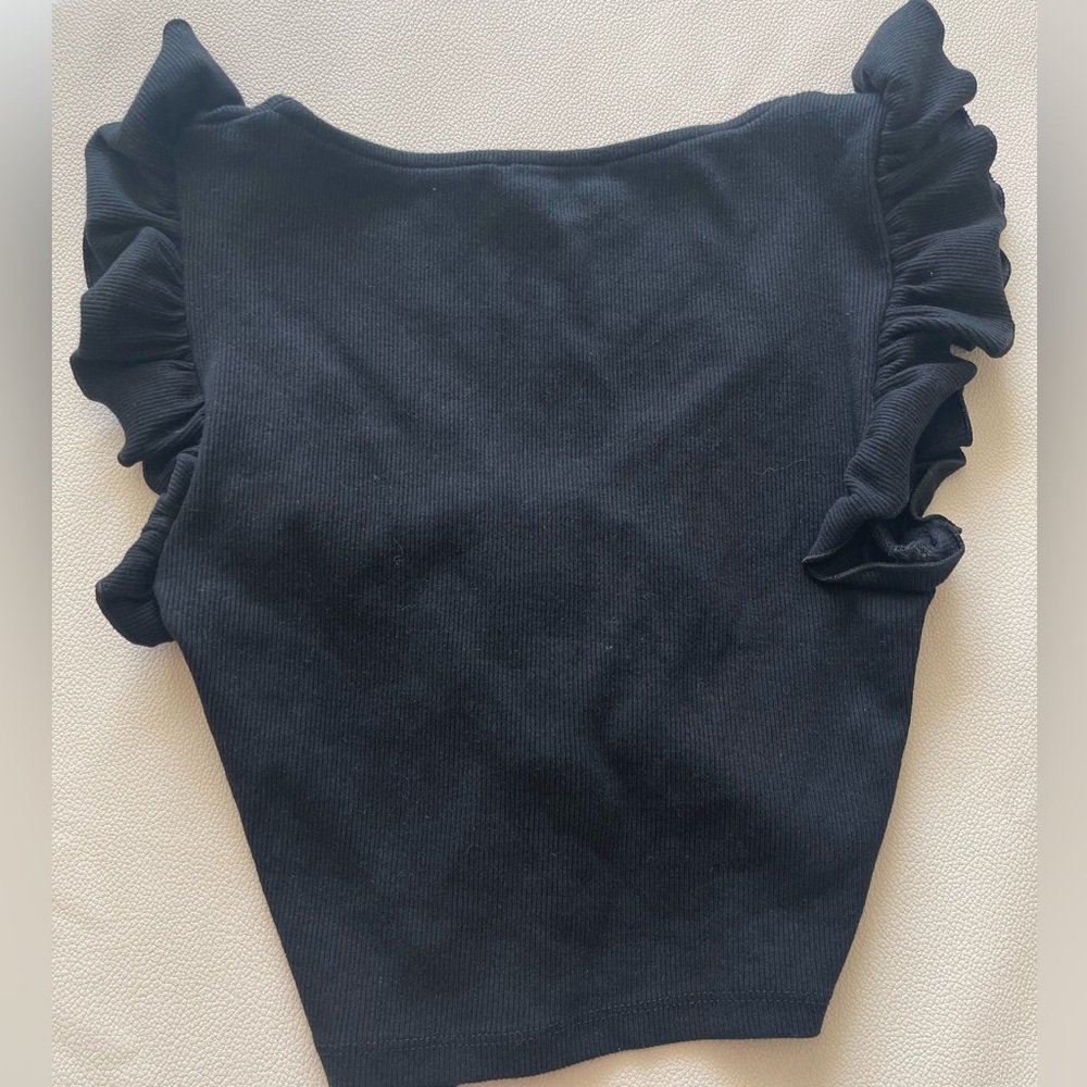 Zara Black Ruched Ruffle Sleeve Top - Picture 2 of 3